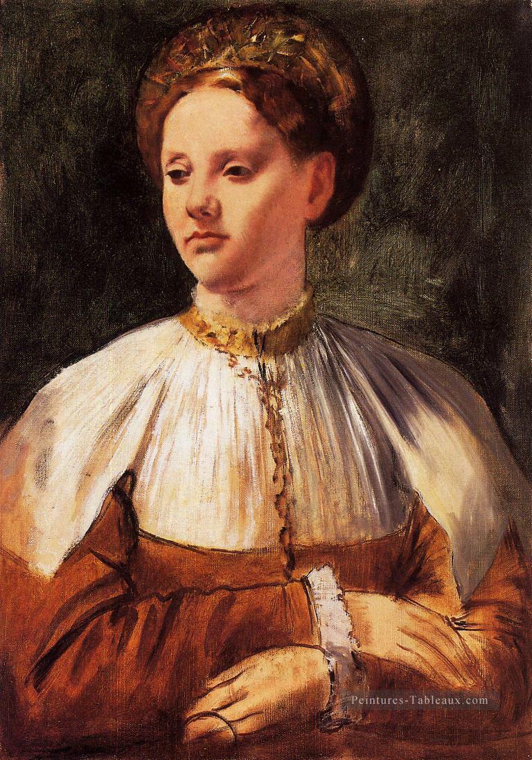 Portrait d’une jeune femme après bacchiacca 1859 Edgar Degas Peintures à l'huile